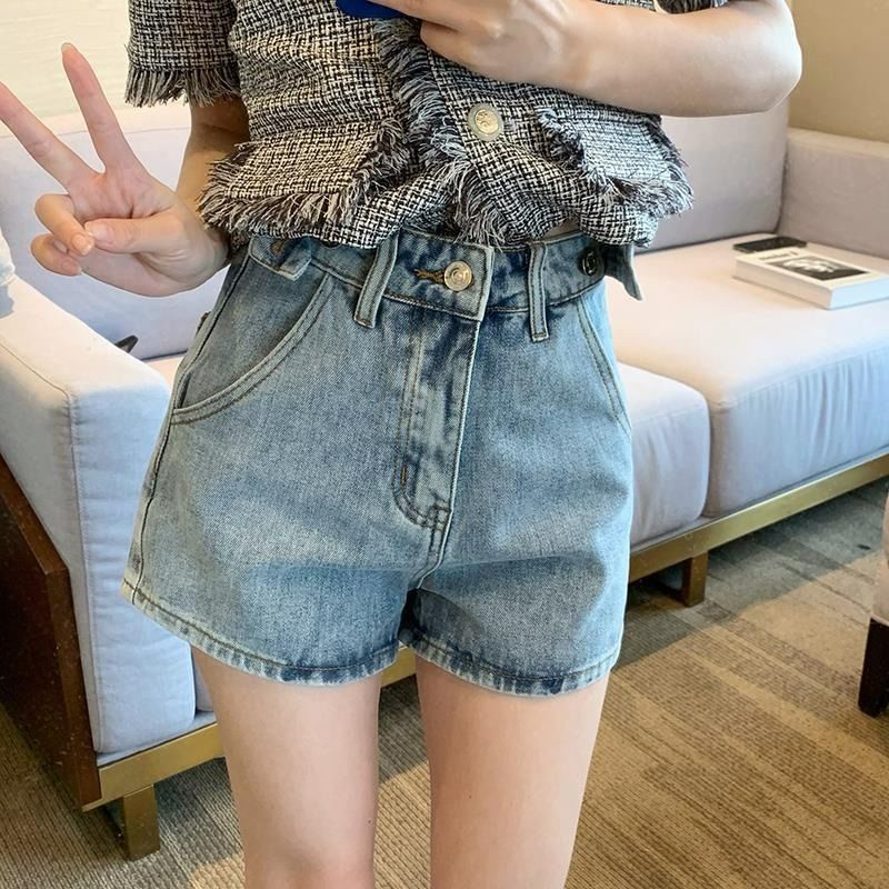 Quần Đùi Denim Lưng Cao Thời Trang Cho Nữ 164582 Quần Short Dáng Chữ a Ống Thẳng Độc Đáo Dễ Phối Đồ Hợp Thời Trang Phong Cách Hàn Quốc
