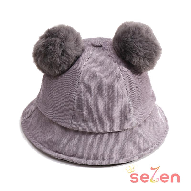 Nón vành tròn vải nhung sọc kẻ màu trơn đính quả bông xinh xắn cho bé