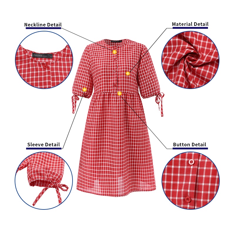 Đầm Midi Zanzea tay lửng họa tiết caro phong cách châu Âu cổ điển thời trang cho nữ