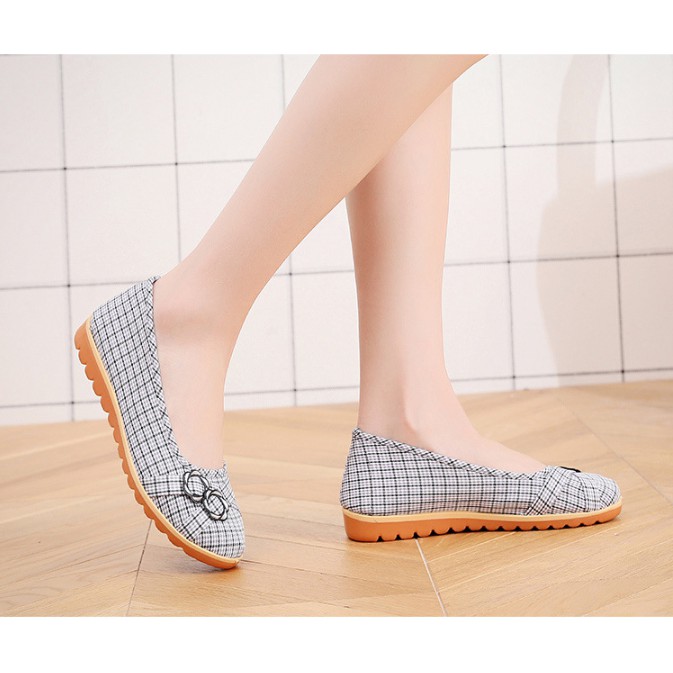 Giày búp bê nữ, giày oxford vải caro cao 2cm đi bộ cực êm chân Vuajay V220