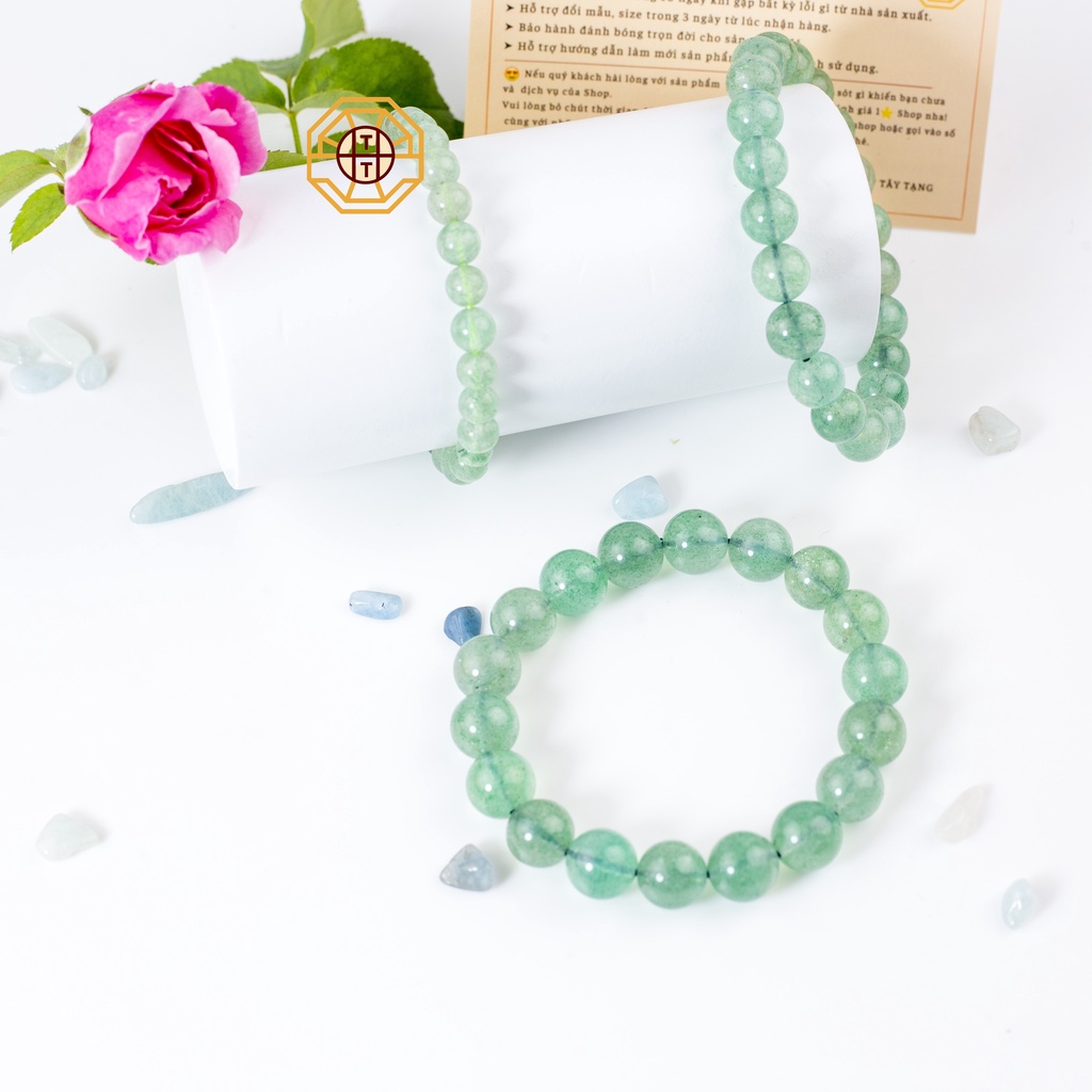 Vòng Tay Phong Thuỷ Đá Thạchh Anh Dâu Tây Xanh, Hồng Tự nhiên [TẶNG HỘP GỖ] Nữ mệnh Mộc Hỏa Thổ - Phong Thủy Tây Tạng