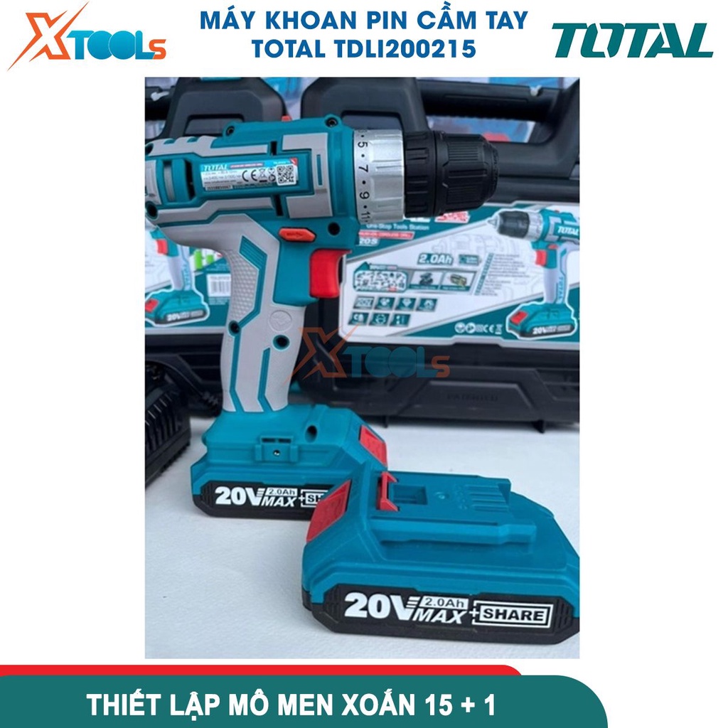 Máy khoan pin cầm tay 20V 10mm Total TDLI200215 hai tốc độ 400-1500rpm, lực mô men 45nm nhông cơ khí- CHÍNH HÃNG- XTOOLS