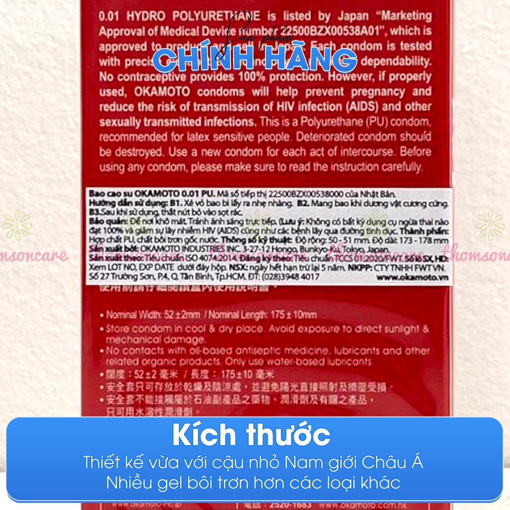 Bao Cao su Okamoto 0.01 PU siêu mỏng vượt trội - Hộp 2, 4 chiếc - Giao hàng che tên