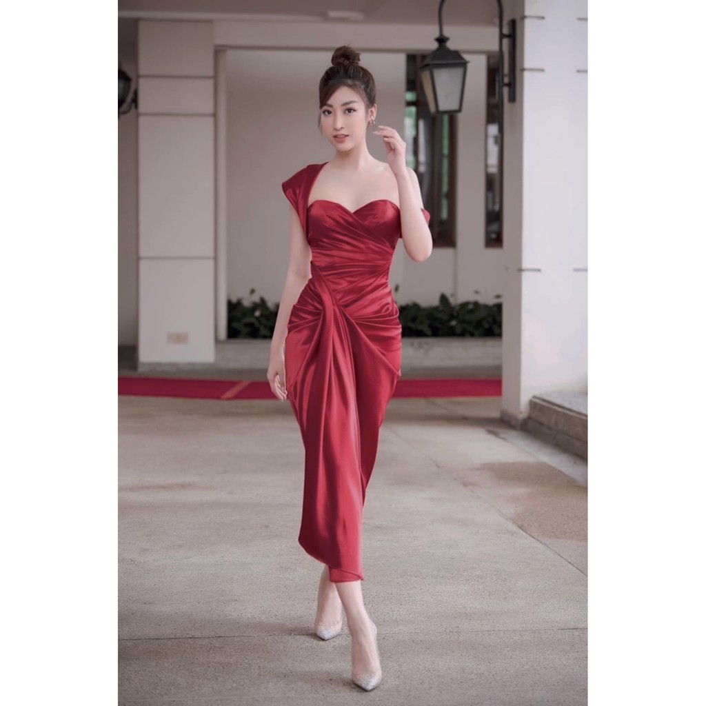 Đầm dạ hội kiểu cúp ngực lệch vai nhún eo (HÀNG CAO CẤP)