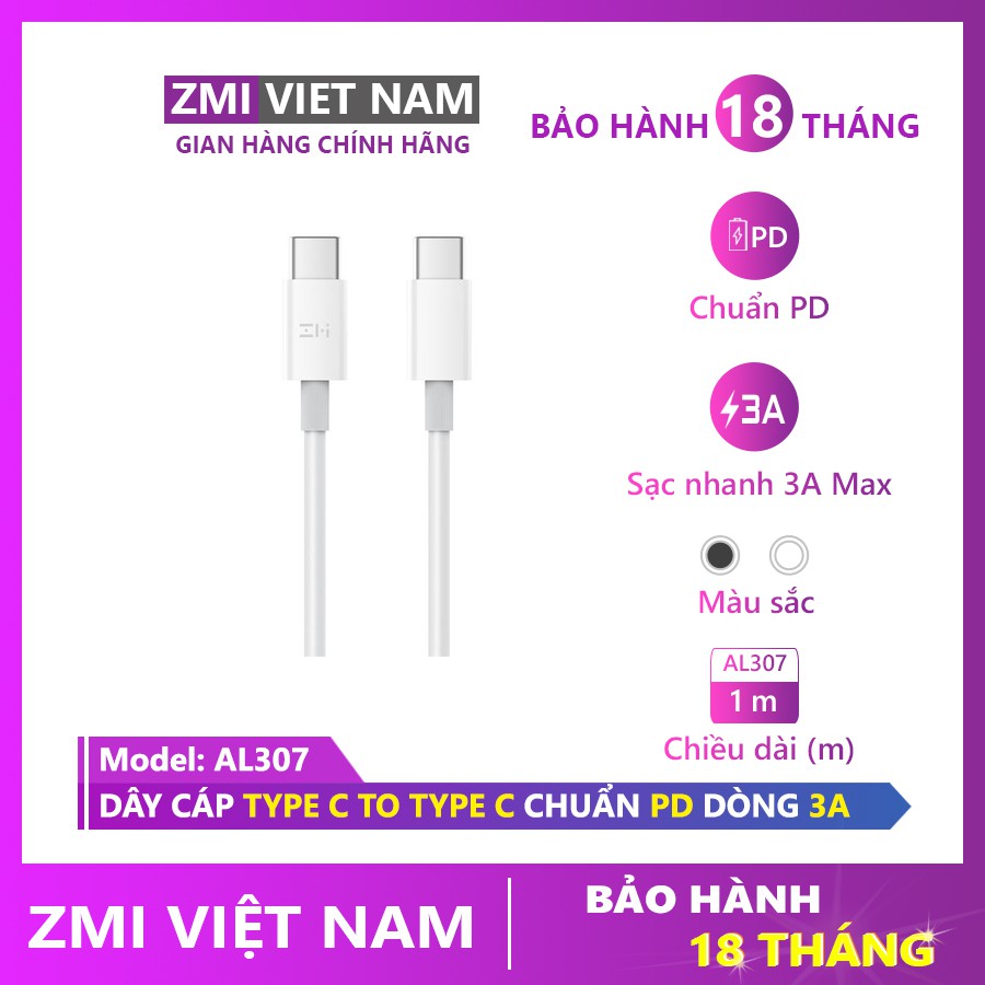 Dây Cáp Type C to Type C ZMI AL307, Dòng Điện 3A, Dài 1m | Bảo Hành 18 Tháng