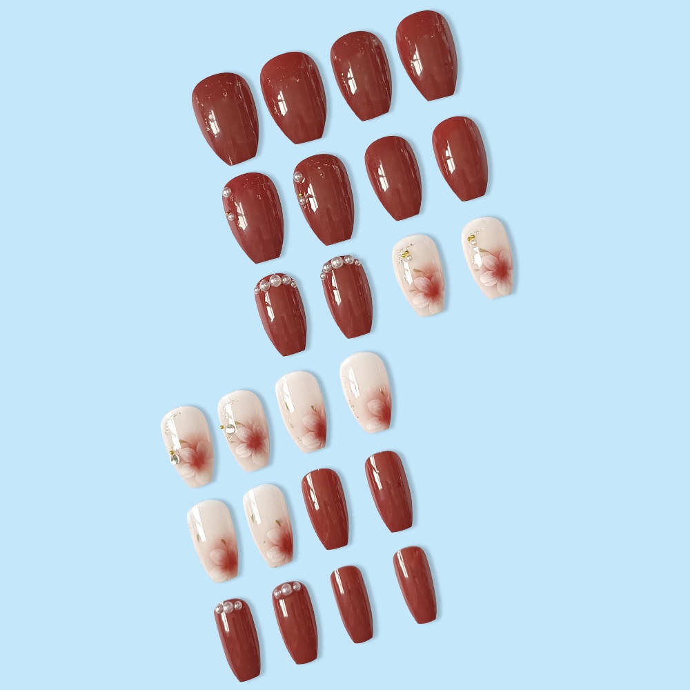 Bán Chạy- Móng Tay Giả Ngắn Đính Hoa Trà Và Hạt Ngọc Trai Kim Cương Giả Phong Cách Mới