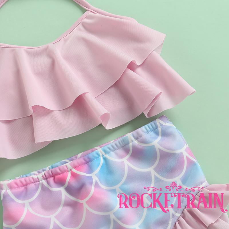 ☌Xt✡Set Đồ Bơi 3 Món Gồm Áo Hai Dây Nhún Bèo Màu Trơn + Quần Lót + Băng Đô Dành Cho Bé Gái