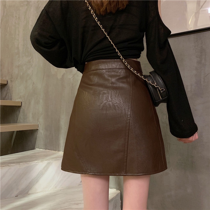 Xiaozhainv Chân váy da PU lưng cao form chữ A phong cách Hàn Quốc trẻ trung cho nữ | BigBuy360 - bigbuy360.vn