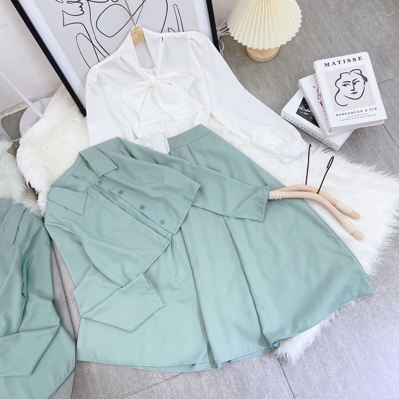 SET ÁO SƠ MI NƠ CỔ + KHOÁC VEST + CHÂN VÁY MIDI XANH