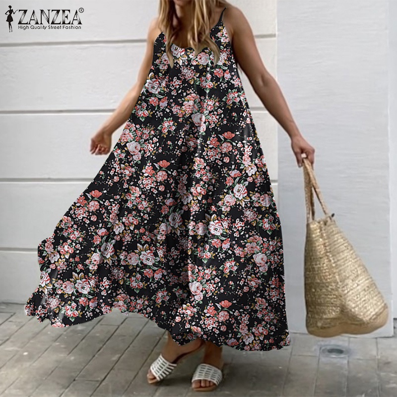 Đầm maxi Zanzea cổ chữ v in họa tiết hoa phong cách bohemian châu âu thời trang thích hợp cho nữ