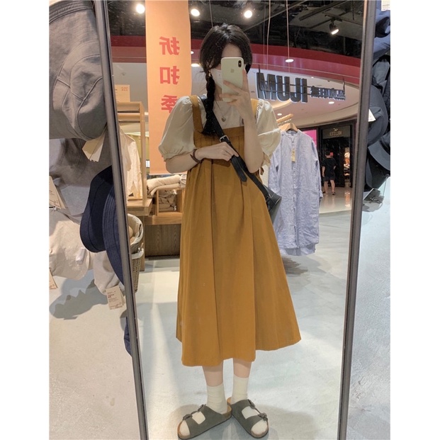 Set váy yếm màu vàng đất vintage