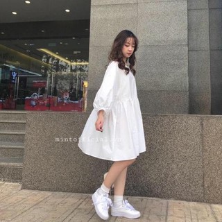 Đầm Babydoll Tay Phồng 🌸 Váy Nữ Trơn Dáng Xòe 2 Màu Đen Trắng  ,Kho Hàng Chuyên Đồ Sỉ