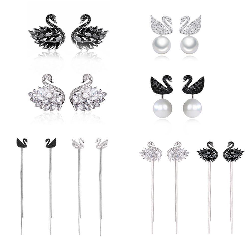 JARRED Bông Tai Dáng Dài Hình Thiên Nga Đính Đá Phối Tua Rua Dễ Thương Phong Cách Hàn Quốc