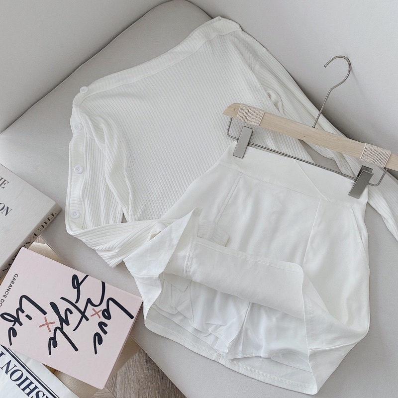Set áo trắng len lệch vai tay phối nút kèm chân váy,set váy mùa đông,set đồ nữ đi chơi siêu xinh