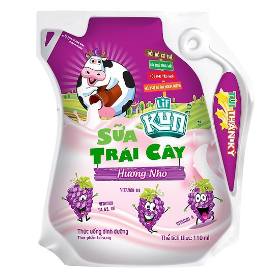Sữa Kun Hương Cam/ Dâu/ Socola/ Nho/ Ổi Túi 110ml