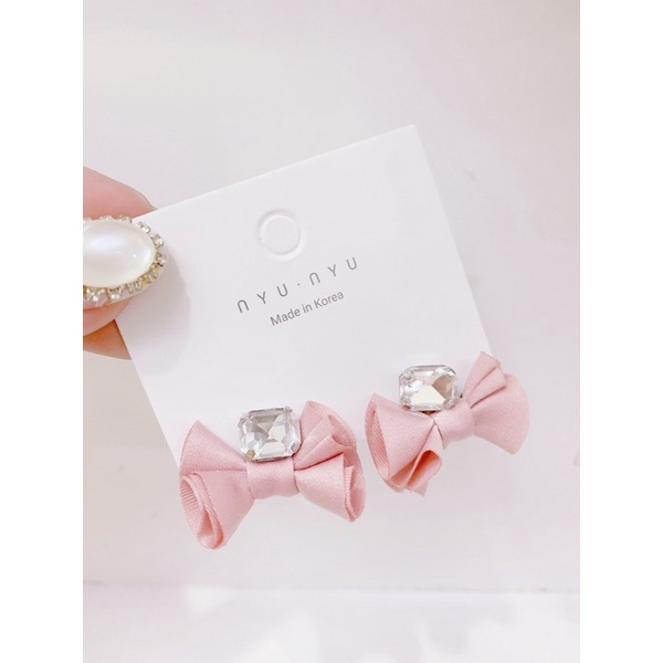 bông tai nơ vải đính đá, khuyên tai ruy băng phong cách hàn quốc
