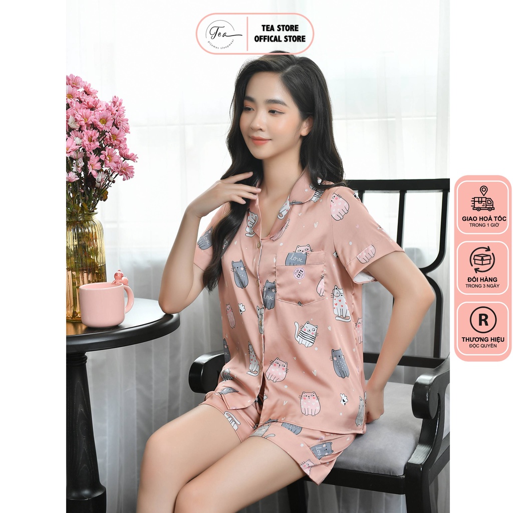 Bộ mặc nhà pyjama lụa cộc Tea Store họa tiết mèo hàng thiết kế