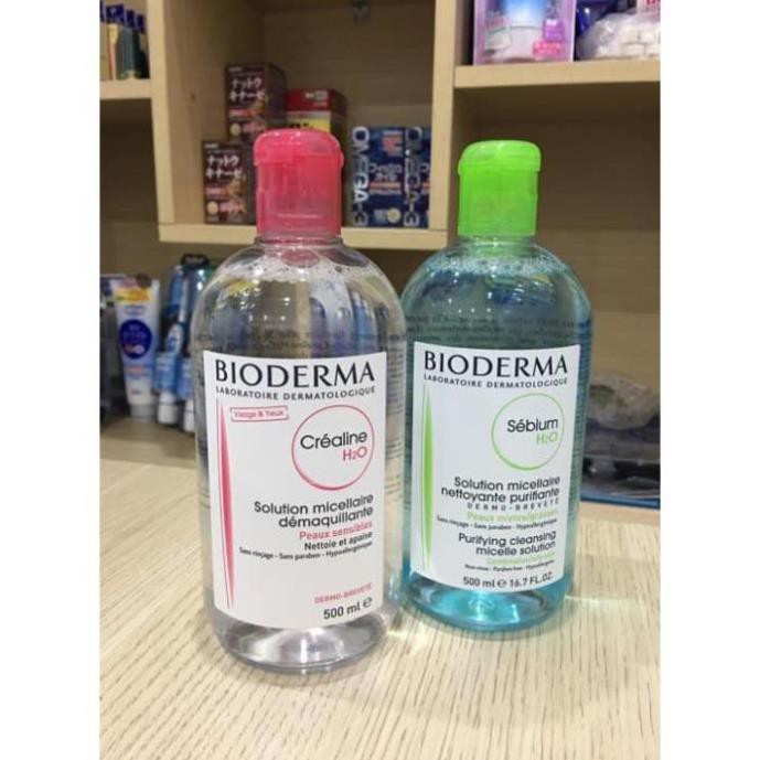 Nước Tẩy Trang Bioderma Pháp H2O 500ml xanh - hồng chính hãng chuẩn(Nắp Nhấn)