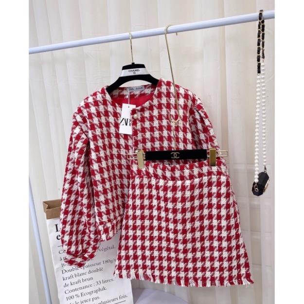 SET VÁY DẠ TWEED KẺ ĐỎ QC SIÊU HOT