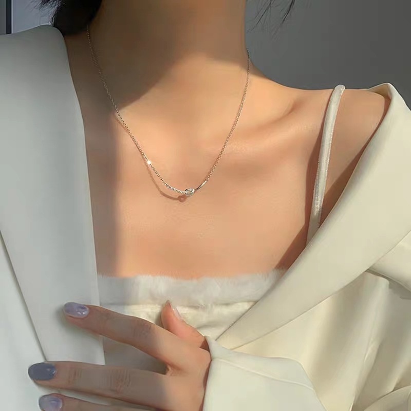 Vòng cổ Bạc 925 Mặt Hình Mặt Cười Thắt Nút Đính Đá Zircon Phong Cách Hàn Quốc Thanh Lịch Dành Cho Nữ