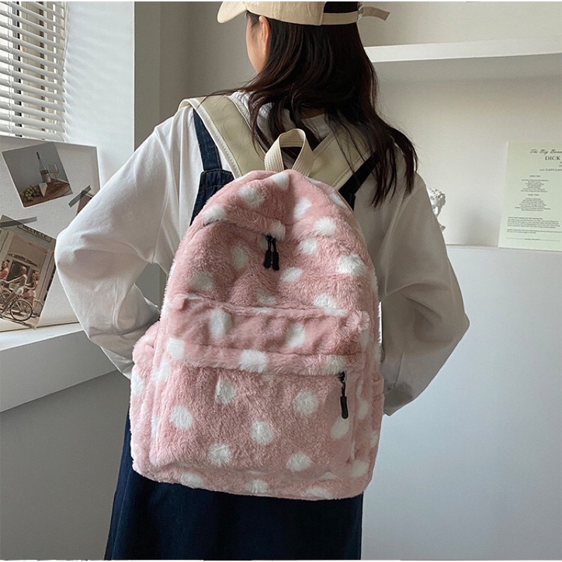 Balo lông thỏ hoạ tiết chấm bi trẻ trung