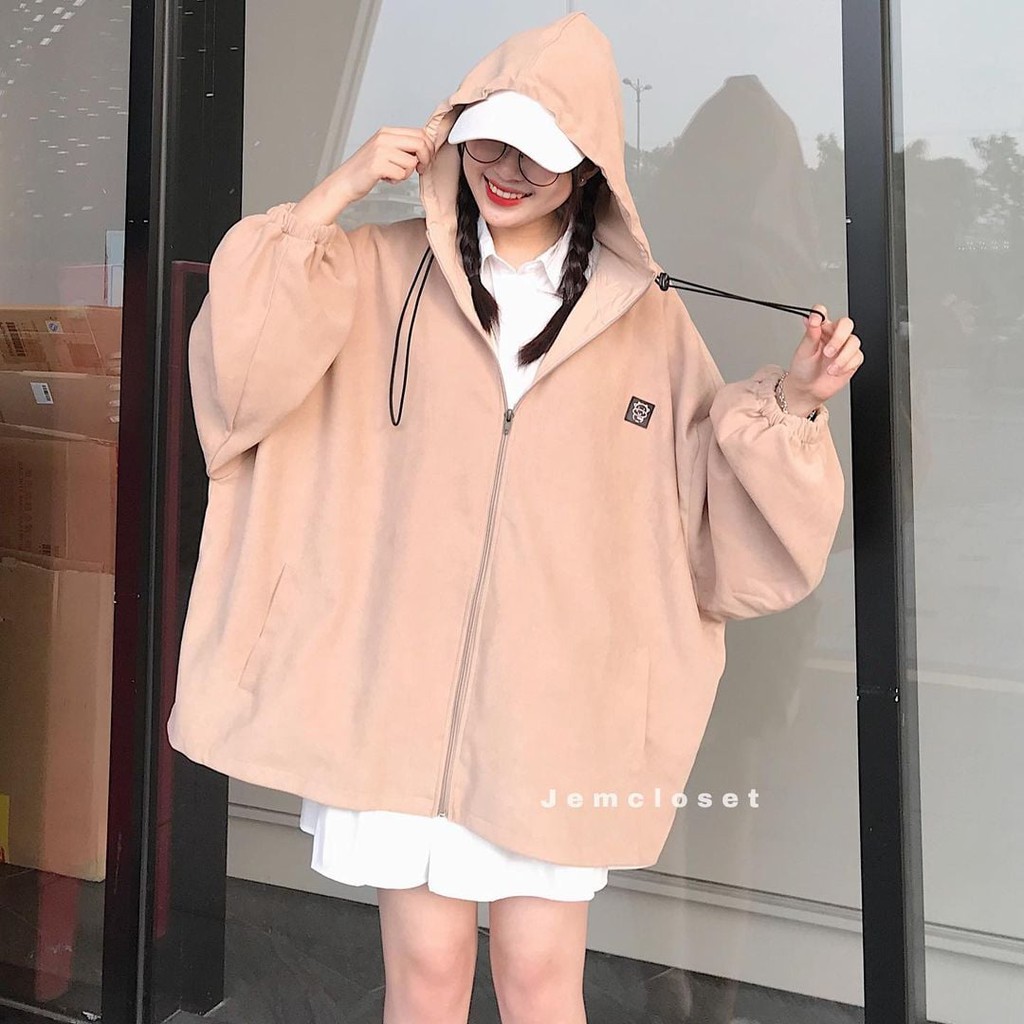 Áo Khoác Nữ Nhung Tăm Form Rộng JEM CLOSET Áo Khoác Ngoài Dáng Suông Tay Bo Mũ Rộng COW Màu Đen Be Nâu Xanh 1994