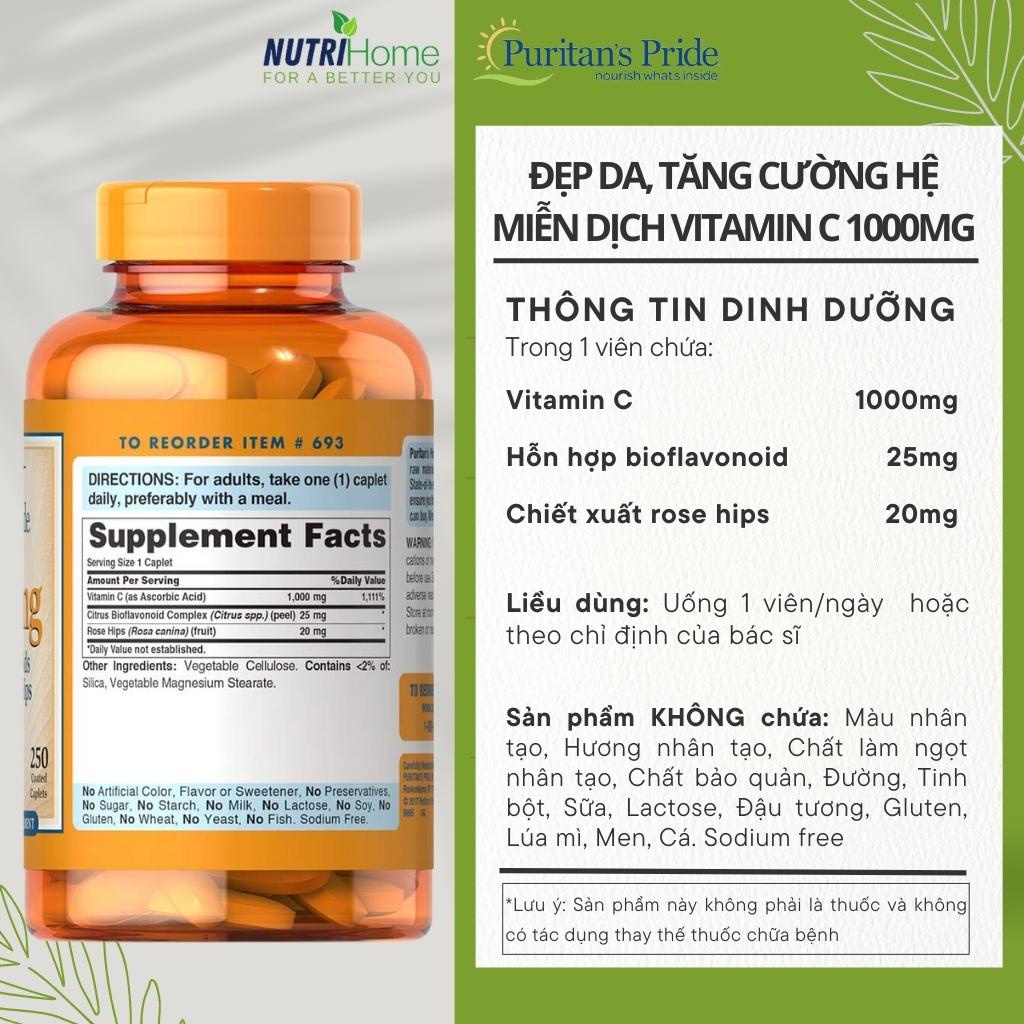 Viên uống đẹp da, tăng cường miễn dịch Vitamin C 1000mg Puritan’s Pride tăng hấp thu collagen (Nutri Home) (250 viên)