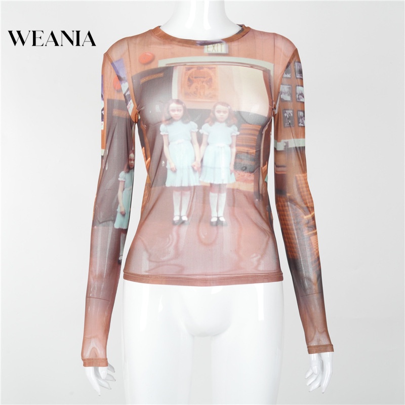 Áo Thun Tay Dài Phối Lưới In Họa Tiết Nghệ Thuật Thời Trang Cho Nữ