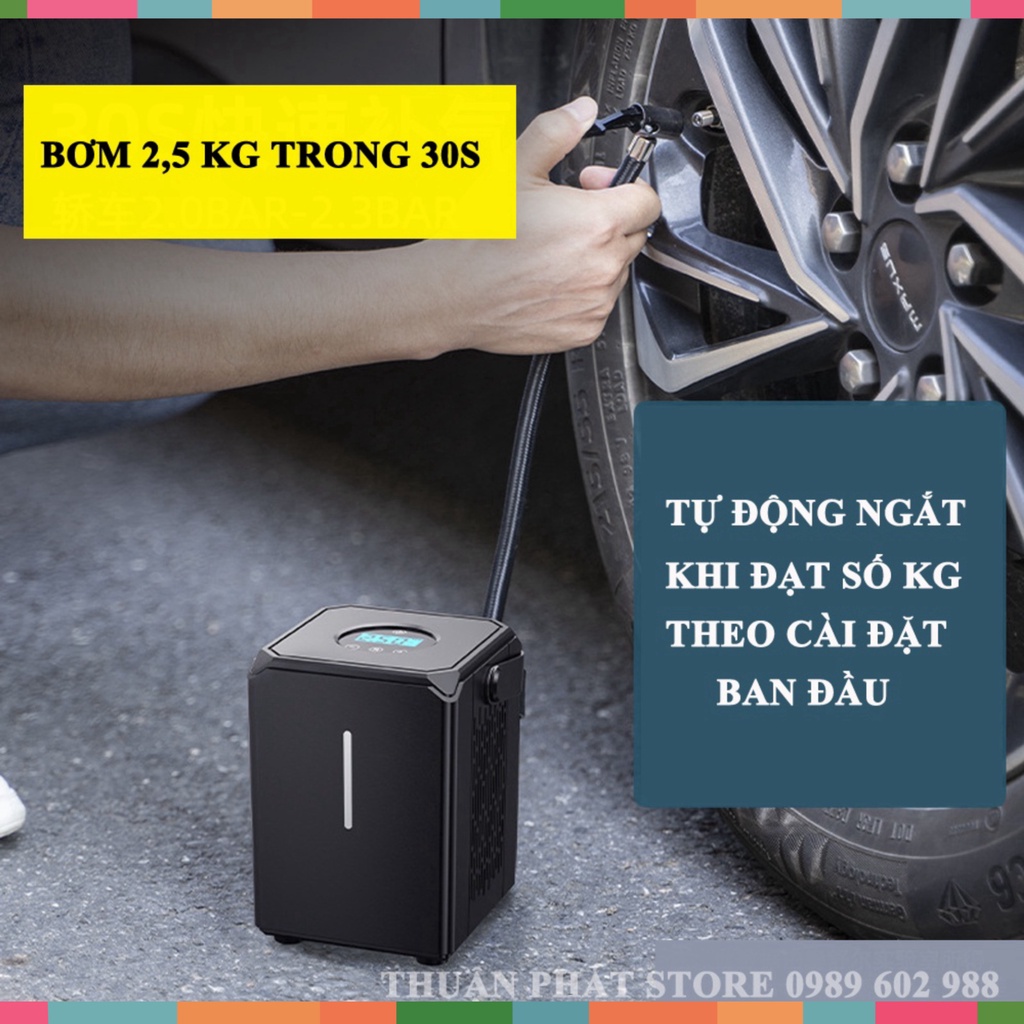 Bơm hơi mini 12v - Máy bơm xe ô tô 12v công suất 120w 2 in 1,tích hợp pin 6000 mAh,tự động ngắt,đèn LED chiếu sáng