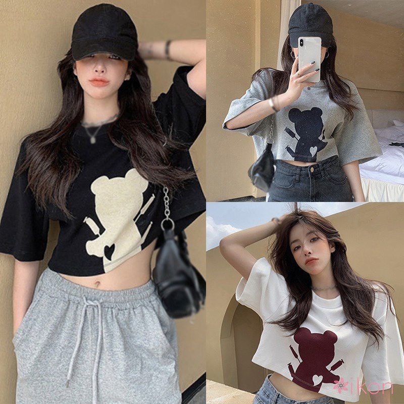 Áo Thun Ngắn Tay Dáng Rộng Lưng Cao In Họa Tiết Gấu Xinh Xắn Kiểu Hàn Quốc