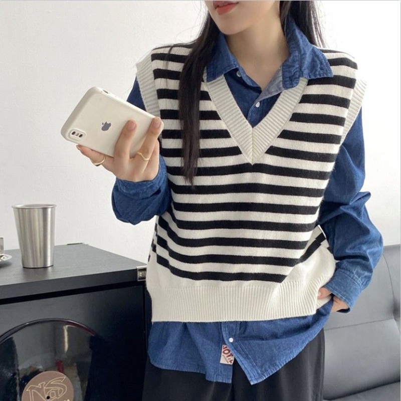 Áo Len Không Tay Form Rộng Họa Tiết Kẻ Sọc Hợp Thời Trang