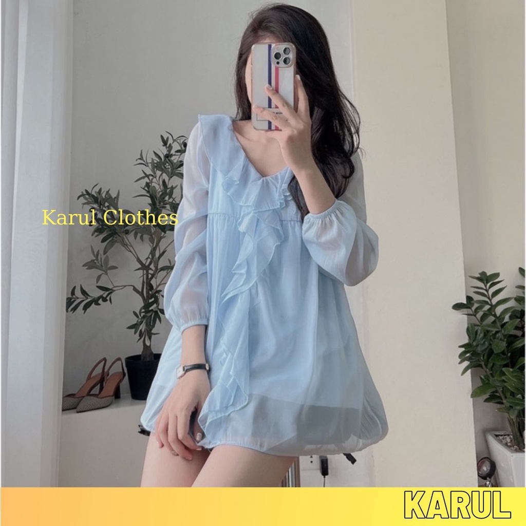 Áo sơ mi bèo xanh Hàn Quốc dài tay Áo babydoll Hàn Quốc lụa bèo xanh
