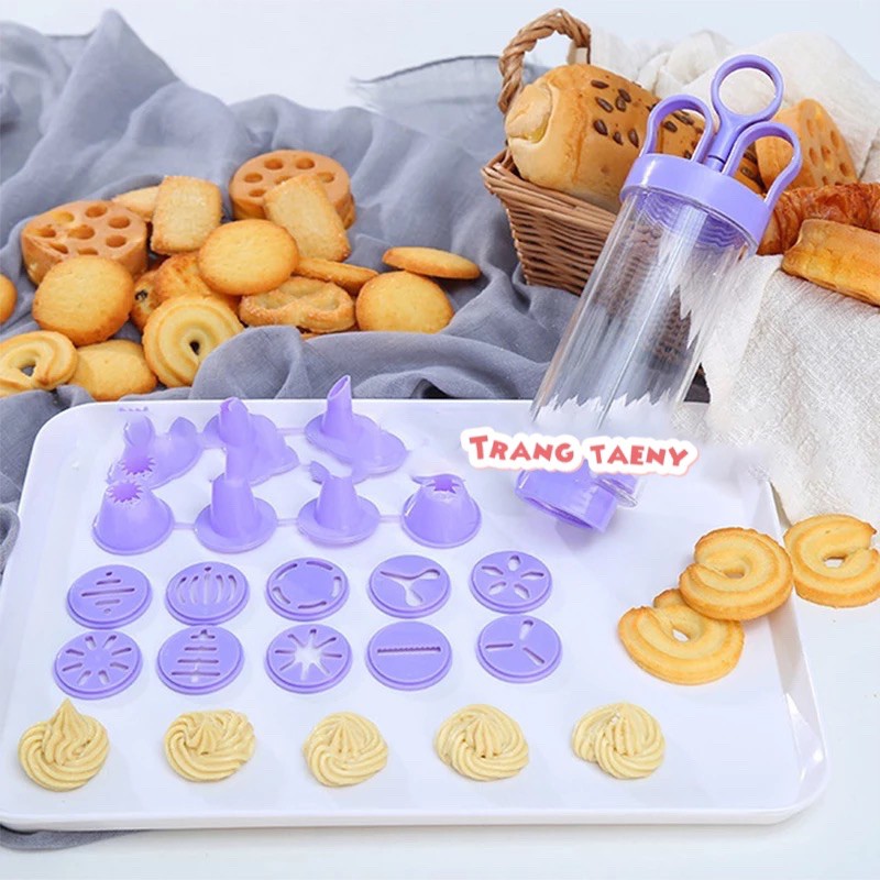 Bộ nhấn bánh quy Cookies Press nhựa tím (10 mặt nhấn + 8 đui bắt kem)