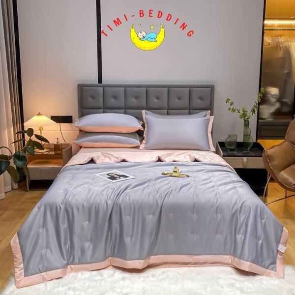 Bộ chăn ga gối hè lụa tencel 60s thêu tim nhập khẩu cao cấp, mát mẻ – Timibedding