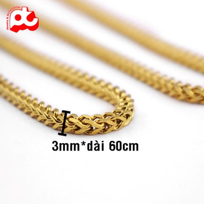 Dây chuyền titan nam cao cấp đẹp sang trọng thép không gỉ kiểu lặc vuông PT JEWELRY kích cỡ 3mm mạ vàng PTDCNA62