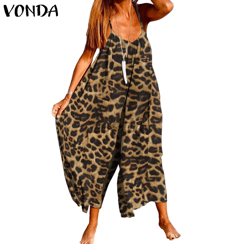 Bộ Jumpsuit VONDA Không Tay Họa Tiết Da Báo Với Ống Quần Rộng Quyến Rũ Dành Cho Nữ