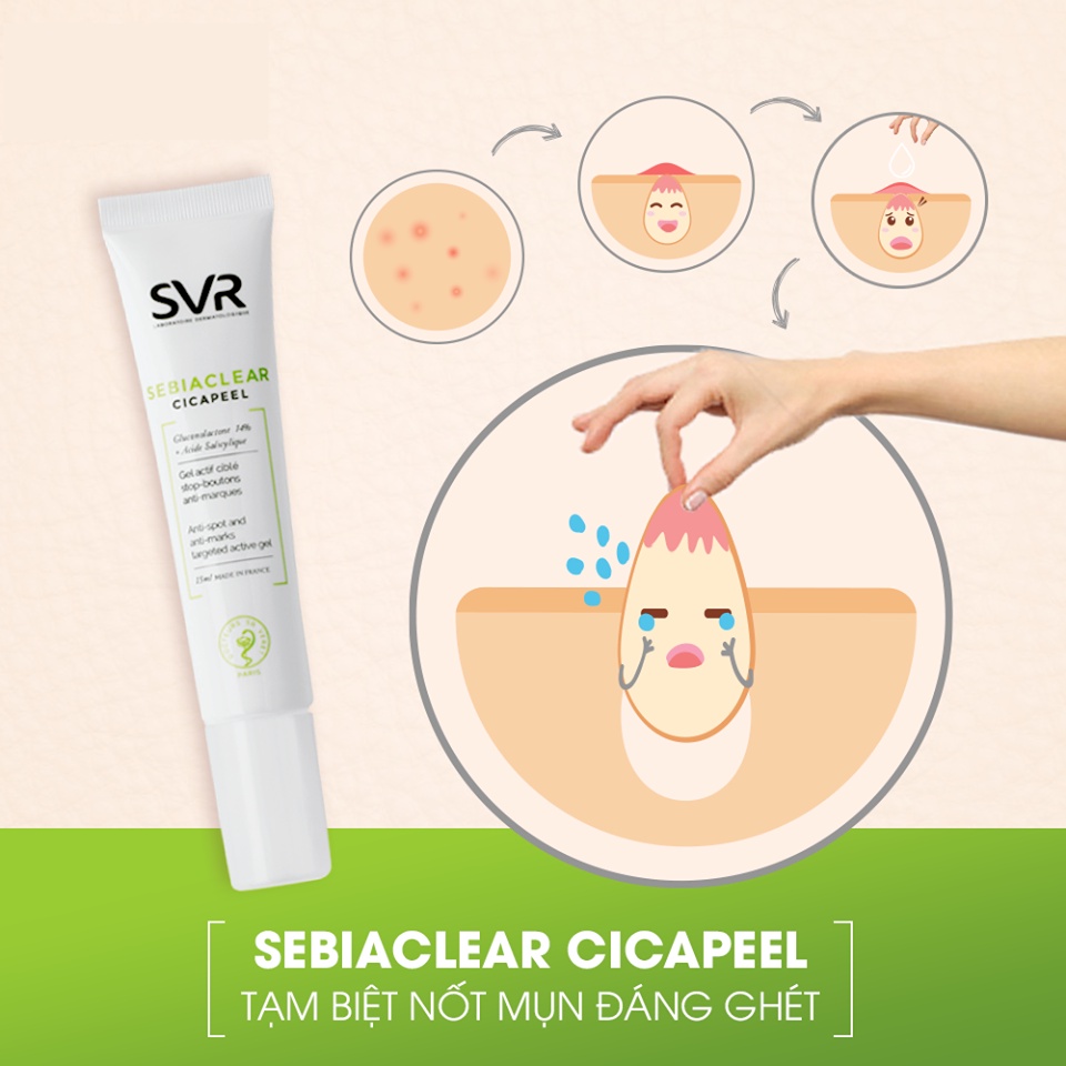 Gel giảm mụn , sưng, trứng cá SVR Sebiaclear Cicapeel 15ML