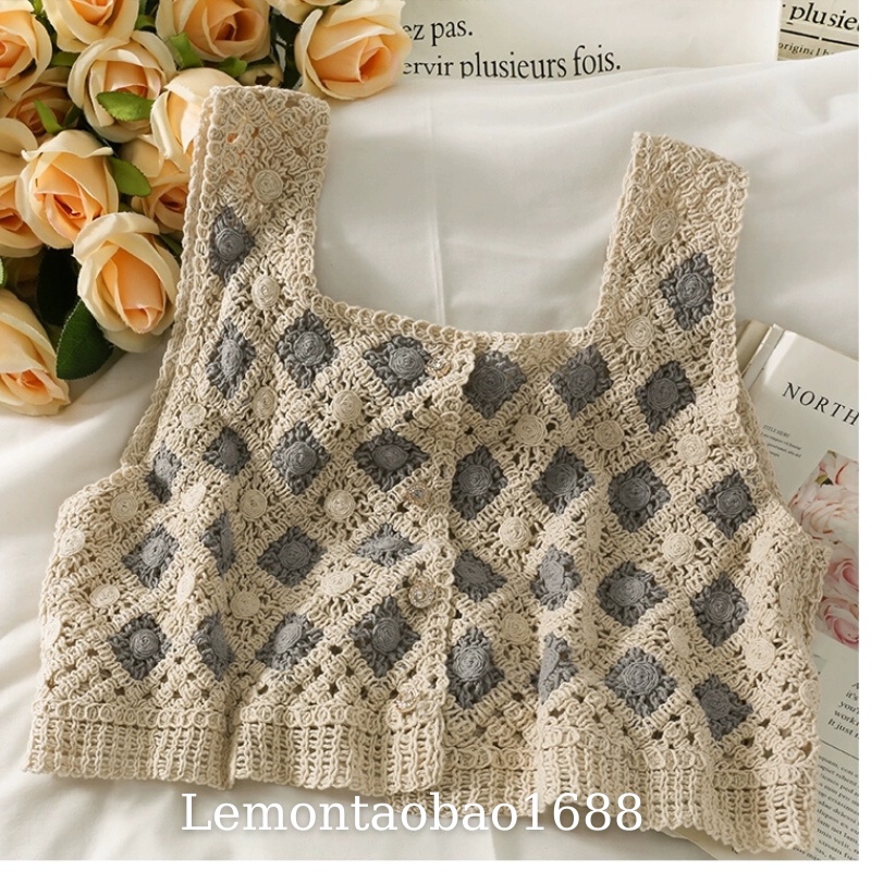 Có ảnh thật- Áo ba lỗ len móc kẻ ô dùng mặc ngoài áo váy