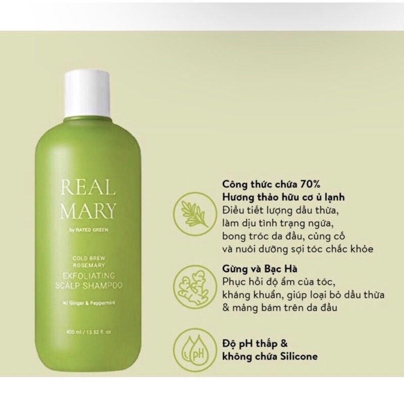 Dầu gội RATED GREEN Real Mary chiết xuất hương thảo ủ lạnh tẩy tế bào chết da đầu 400ml