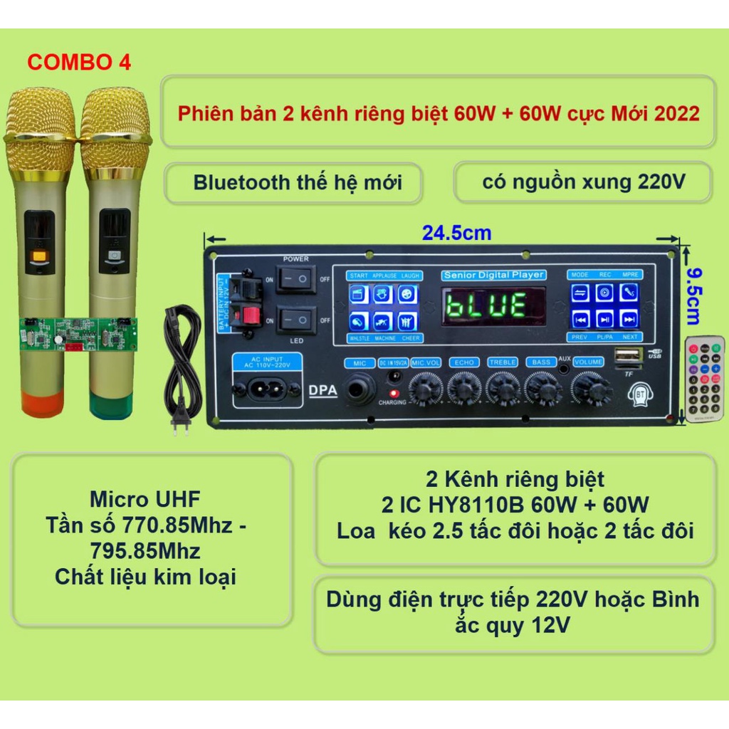 Mạch loa kéo 2 kênh riêng biệt 2 IC HY8110B 60W + 60W có nguồn xung 220V – Bluetooth thế hệ mới kèm micro đôi