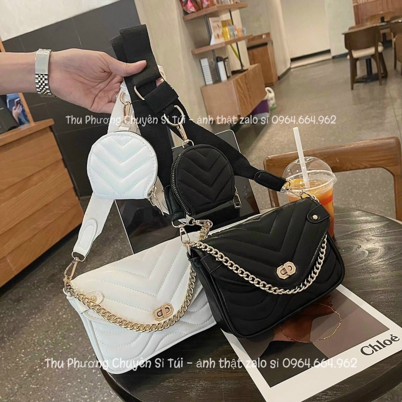 Túi đeo chéo trần trám, Sét túi đôi 2in1 chất da cao cấp hàng đẹp khoá đúc