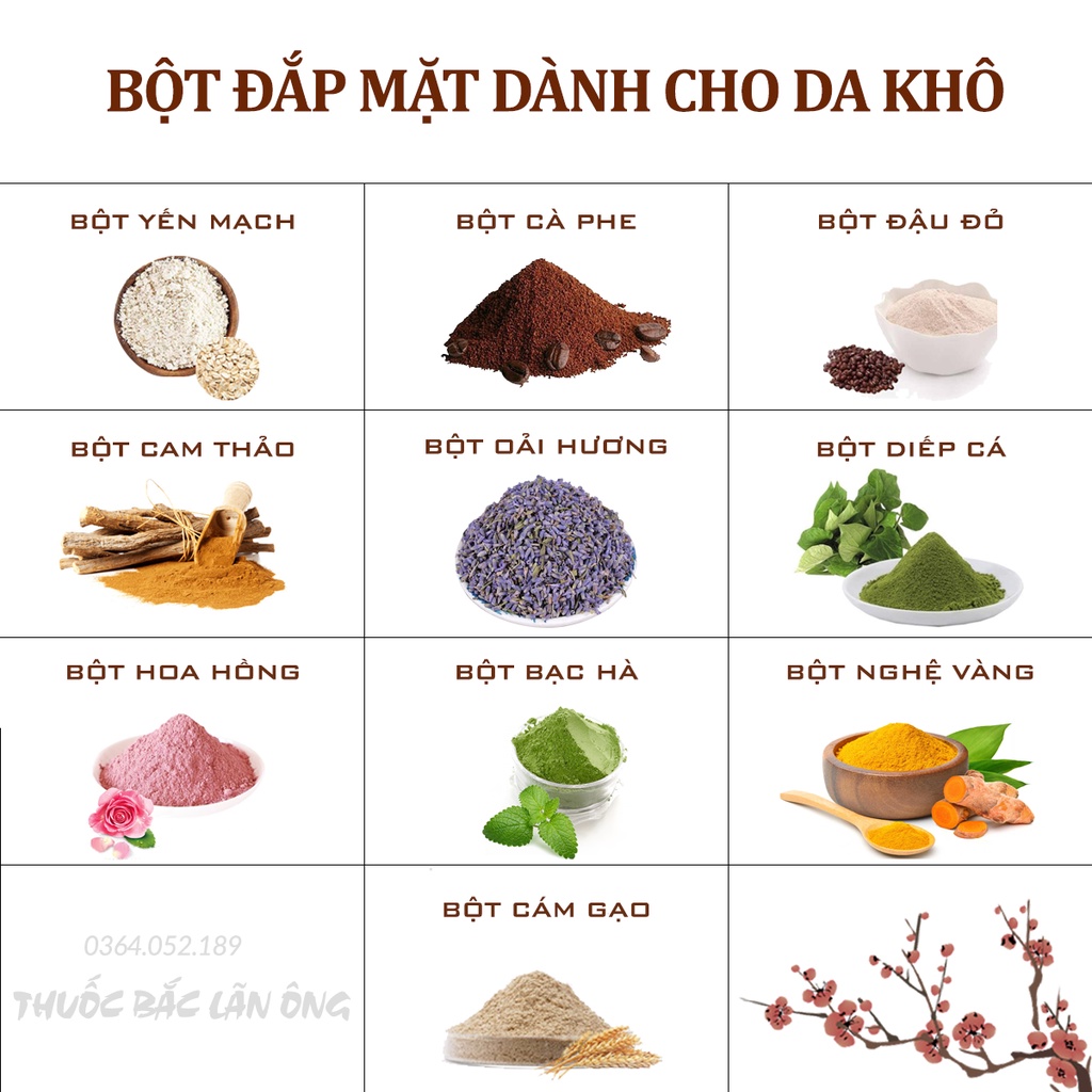 Set 10 loại bột dưỡng da dành cho da khô (Bột hữu cơ, mask tự nhiên, cấp ẩm, bổ sung vitamin) - Thuốc Bắc Lãn Ông