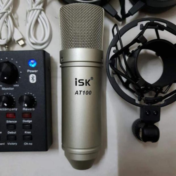[ GIẢM GIÁ SỐC] Bộ combo mic livestream hát karaoke card V8 micro ISK AT100 tặng tai 450 BH 6 tháng đổi mới