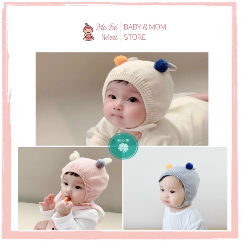 Mũ Len Quả Bông 2 Lớp Giữ Ấm Phong Cách Hàn Quốc Cho Bé 3-12 Tháng