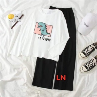 Áo thun xuông rộng dài tay khủng Long xanh + quần ống rộng