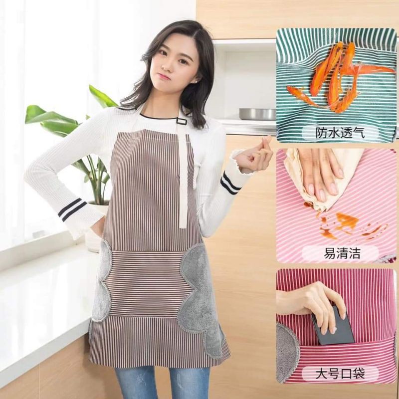 Tạp dề kẻ thiết kế chỗ lau tay 2 bên hông tiện lợi cho các mẹ nội trợ TT