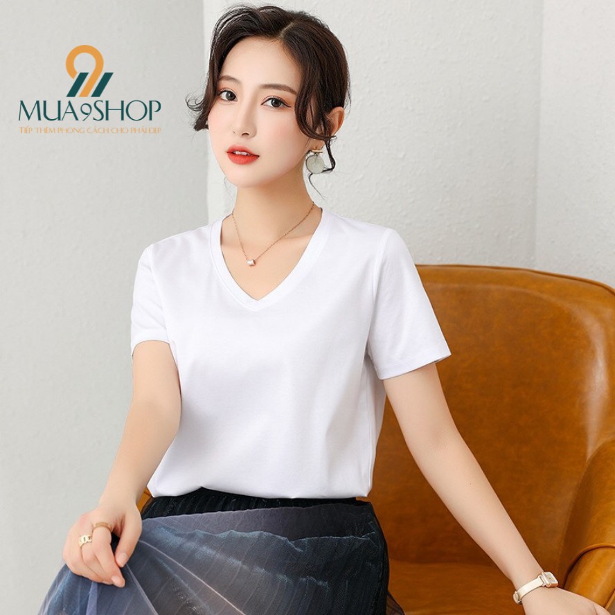 Áo phông cổ tim áo thun nữ trơn mua9shop co giãn cotton 100% | BigBuy360 - bigbuy360.vn