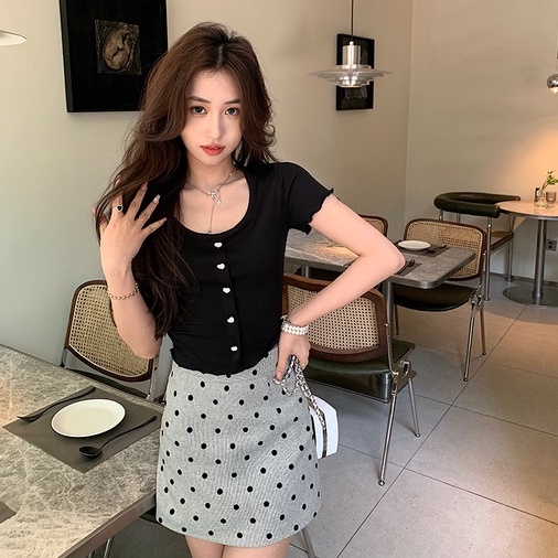 Áo thun ZHELIHANGFEI dệt kim ngắn tay phối hàng nút đơn thời trang dành cho nữ