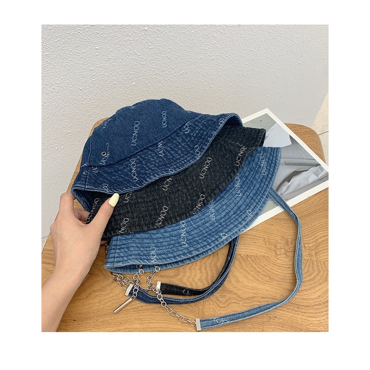 Nón Bucket Phối Dây Xích Dài In Chữ Phong Cách Cao Bồi Nhật Bản Thời Trang Xuân Thu Cá Tính Cho Nữ