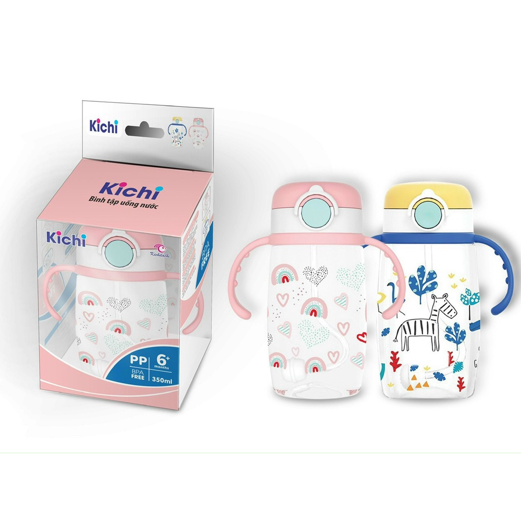 Bình tập uống nước KICHILACHI có ống hút chống sặc với nhựa PP an toàn dành cho bé, dung tích 220ml và 350ml